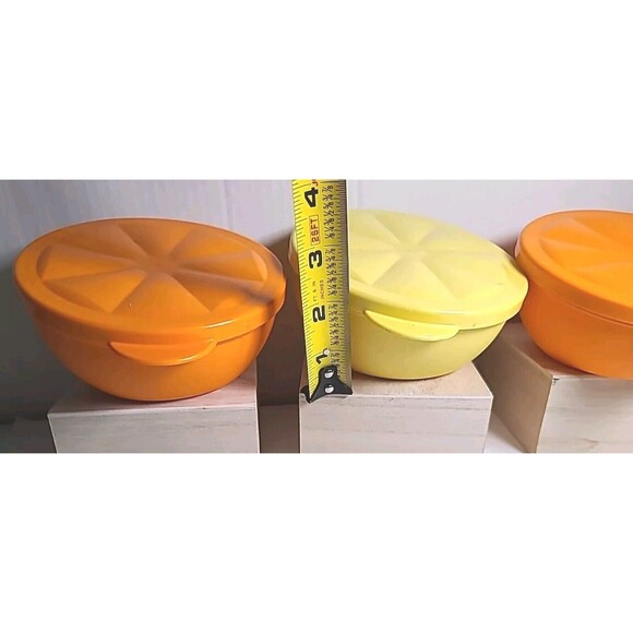 Lot Of 3 Tupperware Citrus Bowls Angled Yellow & Orange Containers With Lids - Picture 3 of 6